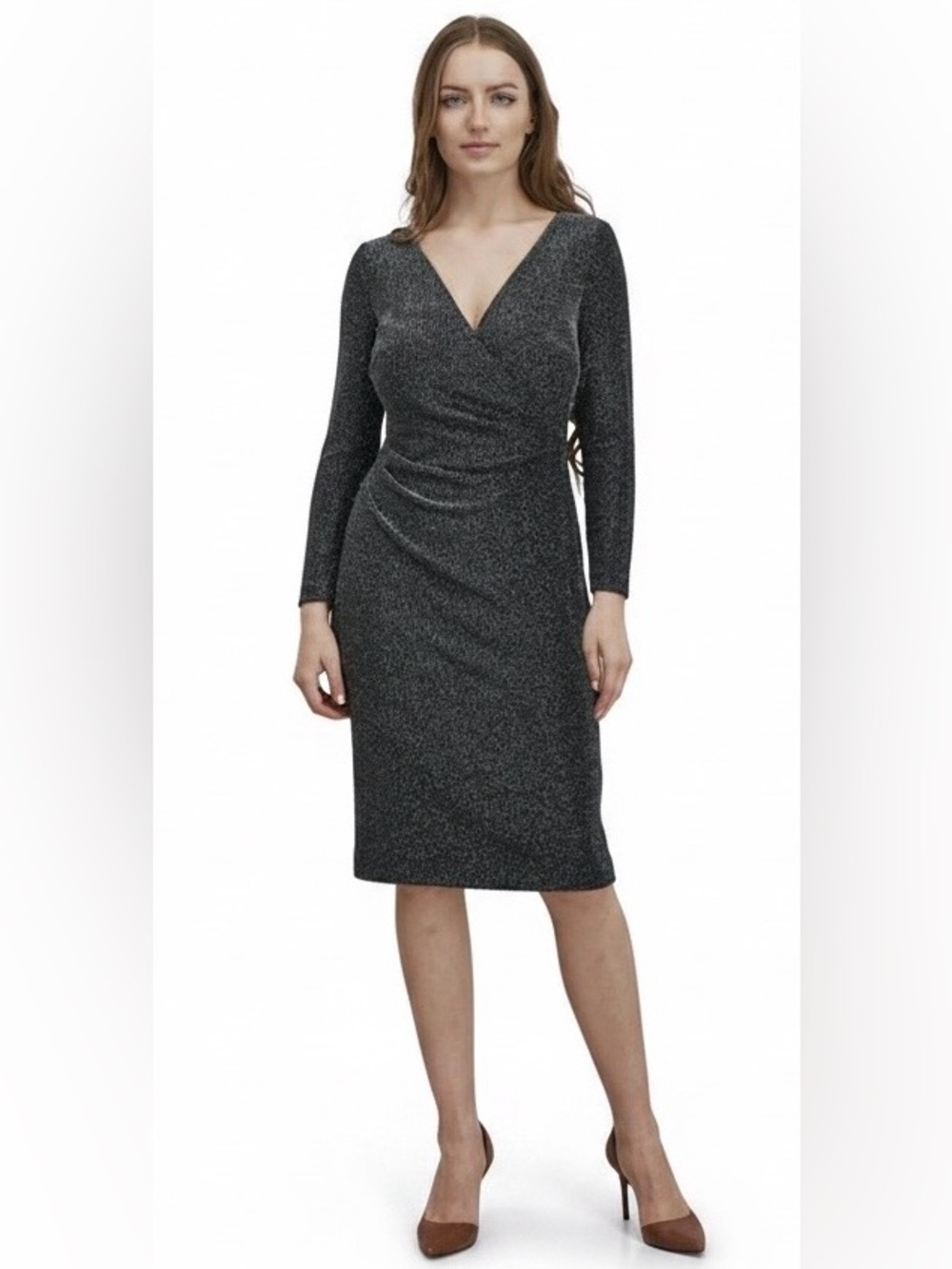 Ralph Lauren Metallic Wrap Surpice Dress Cocktail Stretch Long Sleeve size 14